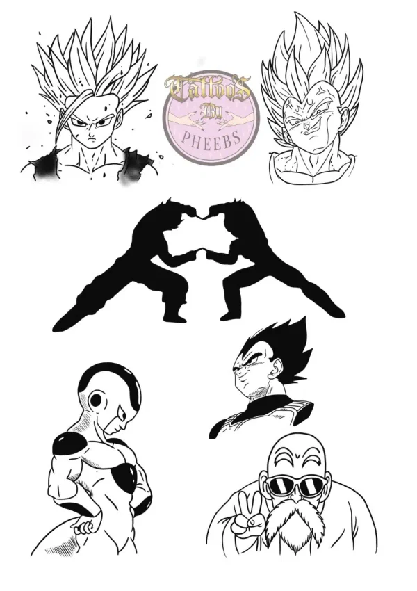 Character illustrations on a tattoo flash sheet