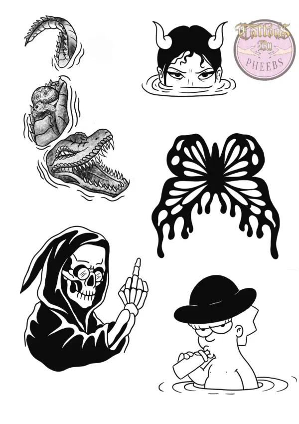 Sheet of black ink tattoo flash designs